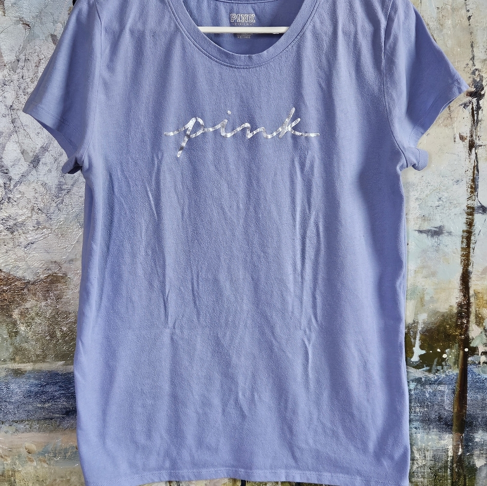 Victoria's Secret PINK Everyday Crew Tee Periwinkle Silver Foil Script Sz.M